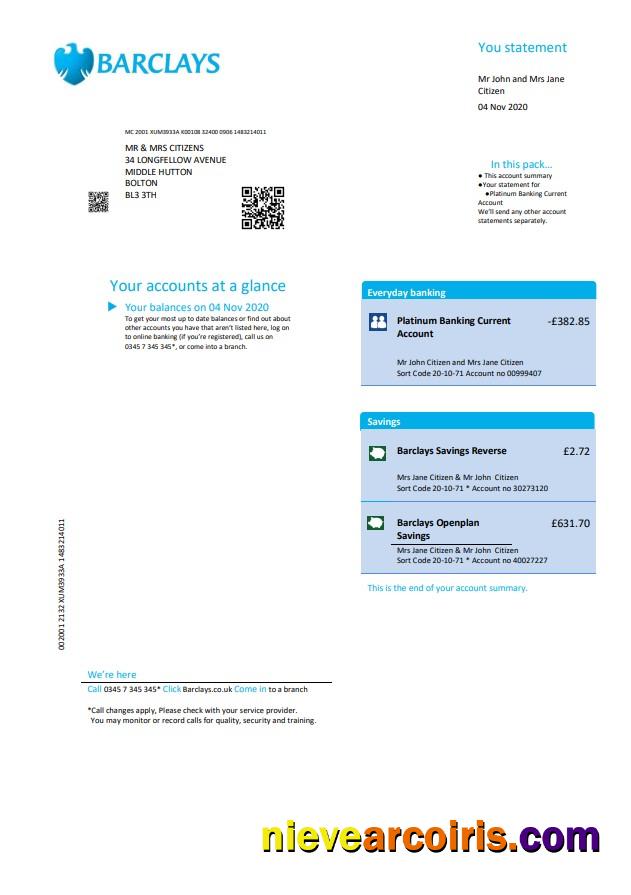 United Kingdom Barclays bank statement in .doc and .pdf format, version 2